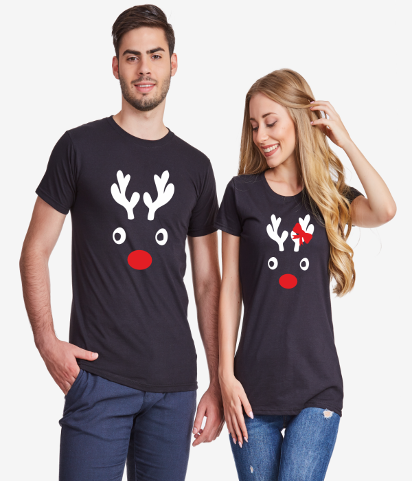 Tricouri pentru cuplu pe negru Christmas Elk Tricouri pentru cuplu pe negru Christmas Elk