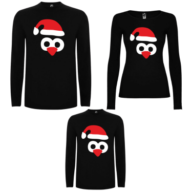 Set tricouri de familie cu maneca lunga pe negru Penguin Hats