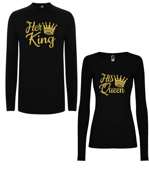Tricou cu mâneci lungi pentru cupluri Her King - His Queen Tricou cu mâneci lungi pentru cupluri Her King - His Queen