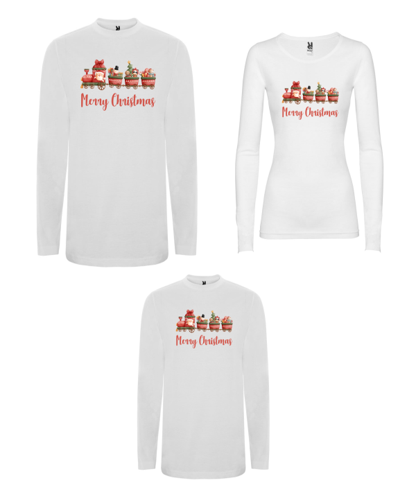 Tricou de Craciun cu maneca lunga pentru copii si adulti Merry Train Tricou de Craciun cu maneca lunga pentru copii si adulti Merry Train