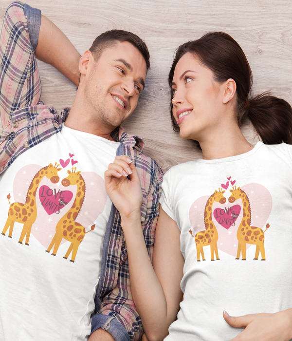 Tricouri pentru cuplu Love without Limits pe alb Tricouri pentru cuplu Love without Limits pe alb