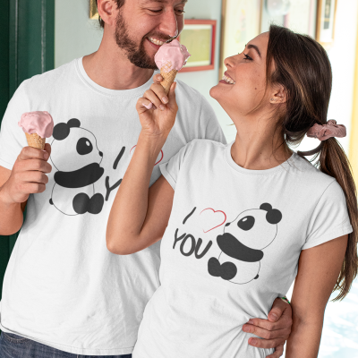 Tricouri pentru cuplu I Love Panda pe alb Tricouri pentru cuplu I Love Panda pe alb