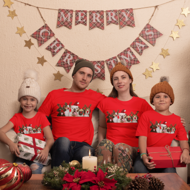 Set tricouri familie de Craciun Dogs Christmas  pe rosu
