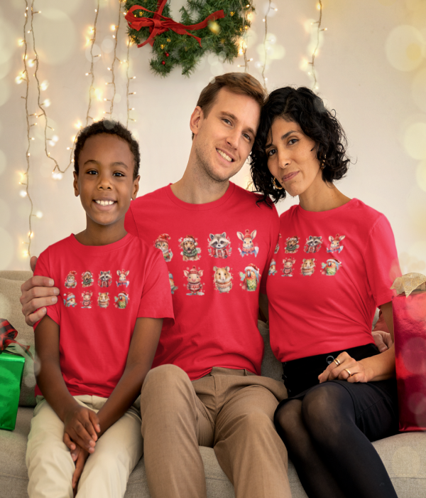 Set tricouri familie de Craciun Christmas Animals pe rosu