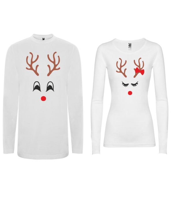 Set tricouri pe alb cu maneca lunga pentru cuplu Deer