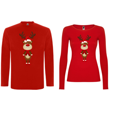 Set tricouri pe rosu cu maneca lunga pentru cuplu Little Deer