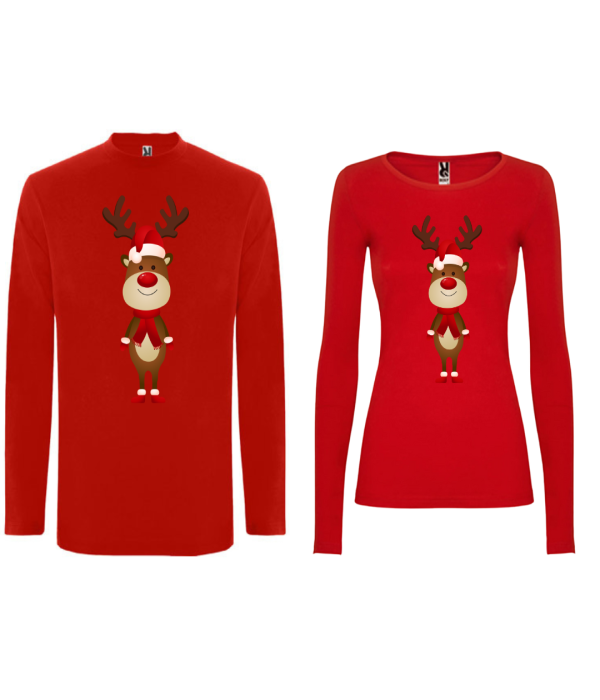 Set tricouri pe rosu cu maneca lunga pentru cuplu Little Deer Set tricouri pe rosu cu maneca lunga pentru cuplu Little Deer
