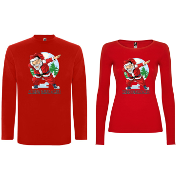 Set tricouri pe rosu cu maneca lunga pentru cuplu Party Santa