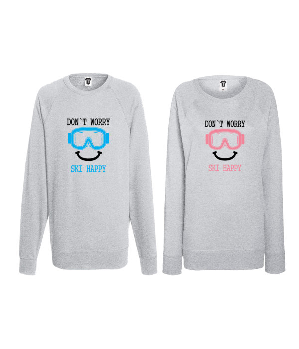 Set bluze pentru cuplu albastru inchis gri Don't worry ski happy