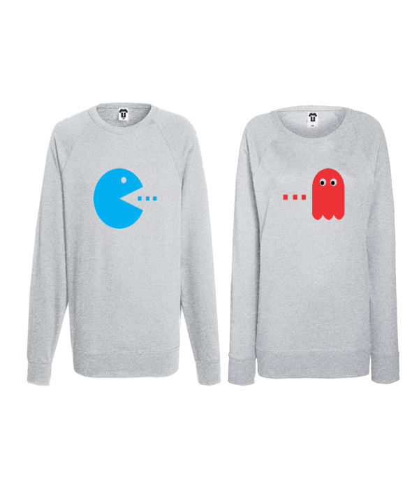 Set bluze pentru cuplu albastru inchis gri PAC-MAN