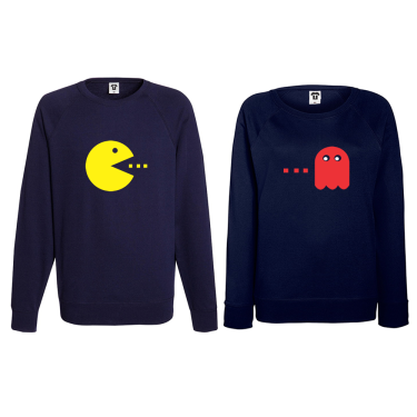 Set bluze pentru cuplu albastru inchis PAC-MAN