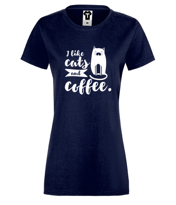 Tricou de dama albastru inchis I like cats and coffee
