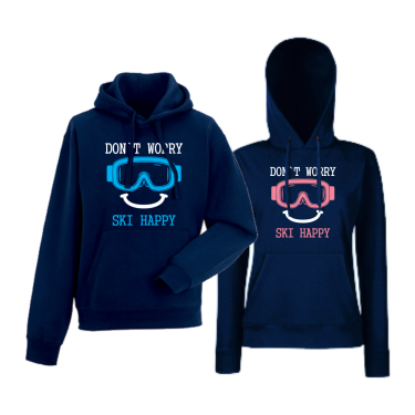 Set hanorace pentru cupluri albastru inchis Don't worry ski happy Set hanorace pentru cupluri albastru inchis Don't worry ski happy