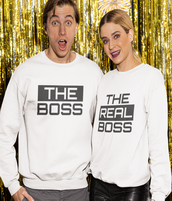 Set bluze pentru cuplu pe alb The Real Boss 2019 Set bluze pentru cuplu pe alb The Real Boss 2019