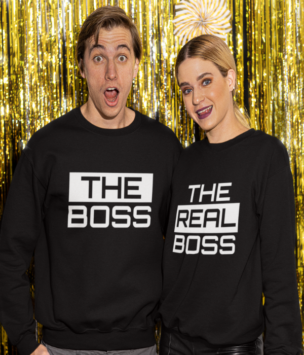 Set bluze pentru cuplu pe negru The Real Boss 2019 Set bluze pentru cuplu pe negru The Real Boss 2019