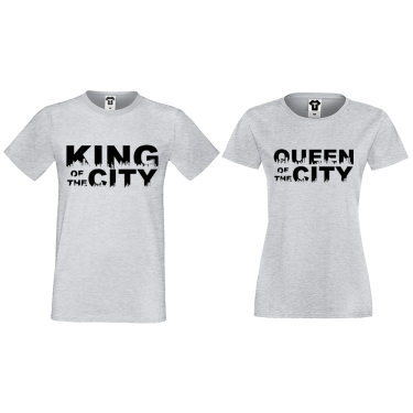Tricouri pentru cupluri gri King Queen of the city Tricouri pentru cupluri gri King Queen of the city