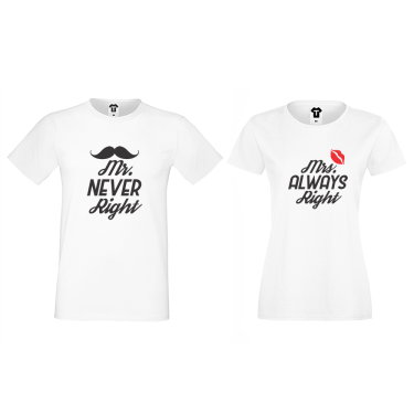 Tricouri pentru cupluri Mr Never Right and Mrs Always Right