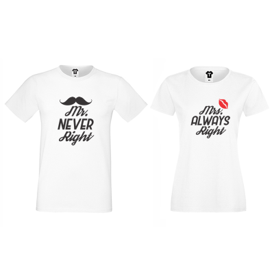 Tricouri pentru cupluri Mr Never Right and Mrs Always Right