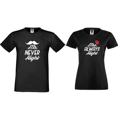 Tricouri pentru cupluri negru Mr Never Right and Mrs Always Right Tricouri pentru cupluri negru Mr Never Right and Mrs Always Right