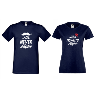 Tricouri pentru cupluri albastu inchis Mr Never Right and Mrs Always Right