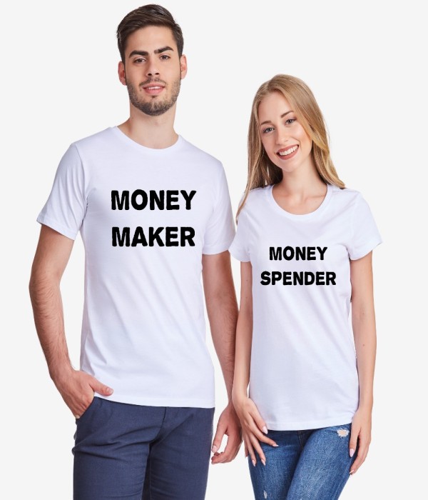 Tricouri pentru cuplu Money Maker and Money Spender alb