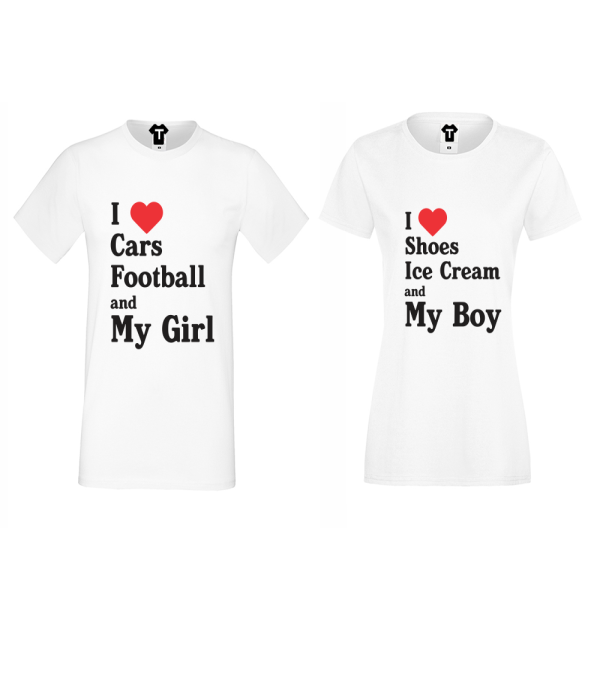 Tricouri pentru cupluri I Love Shoes, Ice Cream and My Boy Tricouri pentru cupluri I Love Shoes, Ice Cream and My Boy
