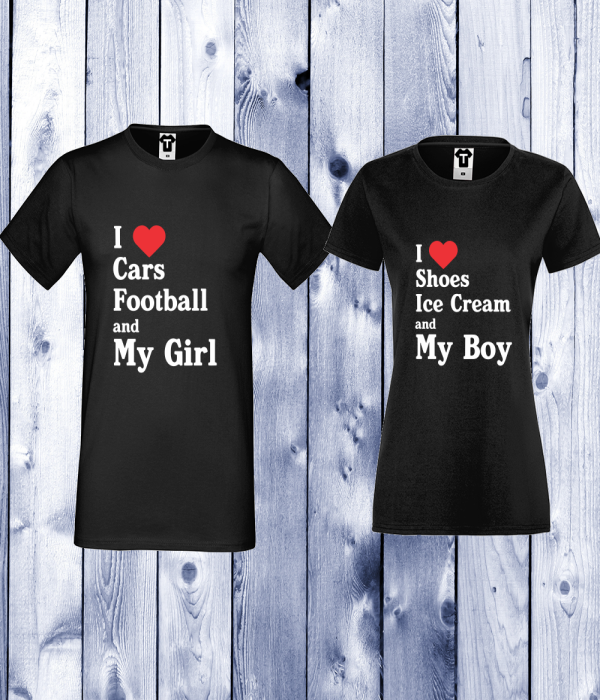 Tricouri pentru cupluri I Love Shoes, Ice Cream and My Boy Tricouri pentru cupluri I Love Shoes, Ice Cream and My Boy
