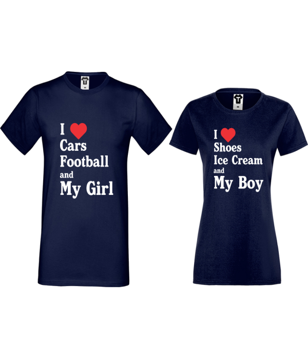 Tricouri pentru cupluri I Love Shoes, Ice Cream and My Boy Tricouri pentru cupluri I Love Shoes, Ice Cream and My Boy
