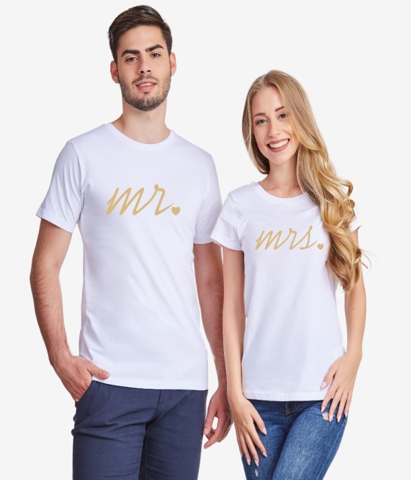 Tricouri pentru cuplu alb Mr and Mrs Gold