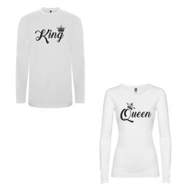 Set tricouri pentru cuplu cu maneca lunga pe alb King & Queen Set tricouri pentru cuplu cu maneca lunga pe alb King & Queen