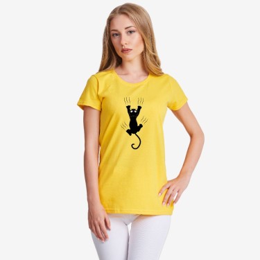 Tricou de dama pe galben sau rosu Hanging cat