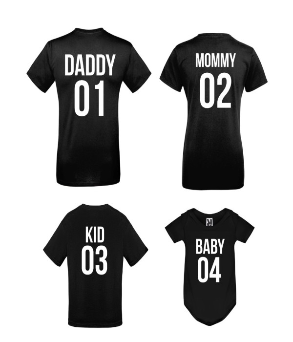 Set produse pe alb sau pe negru Daddy 01, Mommy 02, Kid 03 si Baby 04 pe alb Set produse pe alb sau pe negru Daddy 01, Mommy 02, Kid 03 si Baby 04 pe alb