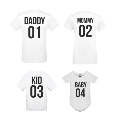 Set produse pe alb sau pe negru Daddy 01, Mommy 02, Kid 03 si Baby 04 pe alb Set produse pe alb sau pe negru Daddy 01, Mommy 02, Kid 03 si Baby 04 pe alb