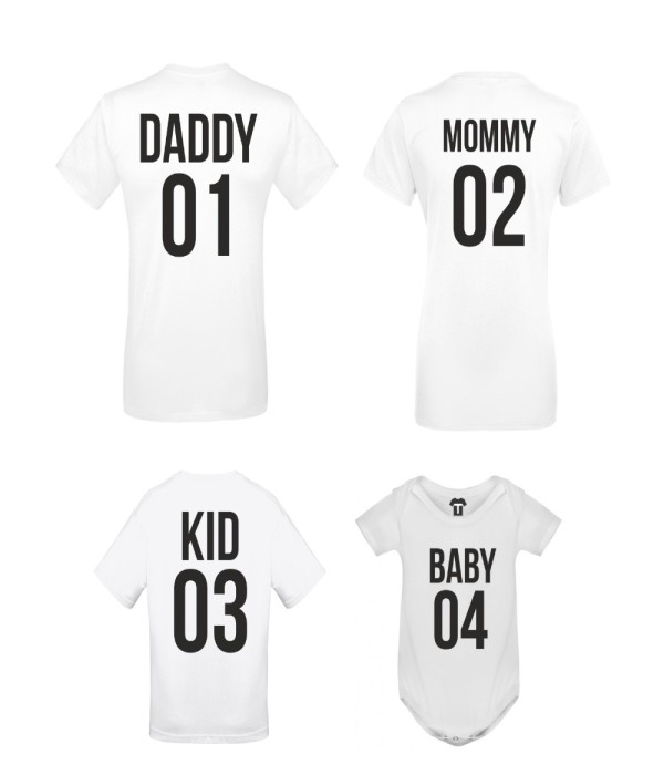 Set produse pe alb sau pe negru Daddy 01, Mommy 02, Kid 03 si Baby 04 pe alb Set produse pe alb sau pe negru Daddy 01, Mommy 02, Kid 03 si Baby 04 pe alb