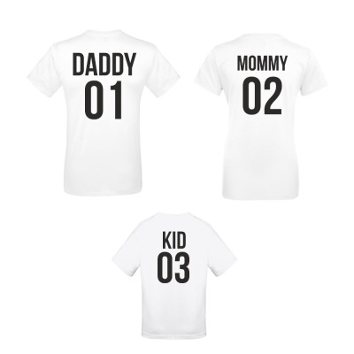 Set-uri de tricouri pentru familie pe alb sau pe negru Daddy 01, Mommy 02 si Kid 03 pe negru Set-uri de tricouri pentru familie pe alb sau pe negru Daddy 01, Mommy 02 si Kid 03 pe negru