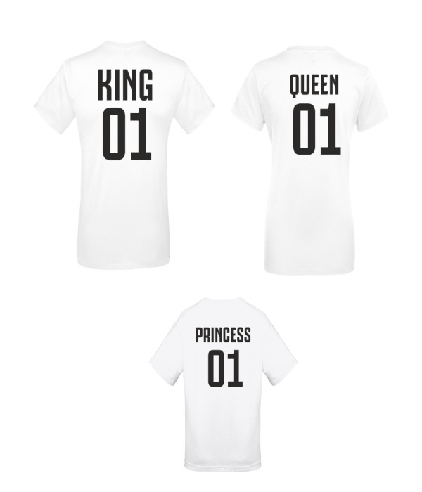 Set tricouri de familie King 01, Queen 01 si Princess 01 alb Set tricouri de familie King 01, Queen 01 si Princess 01 alb