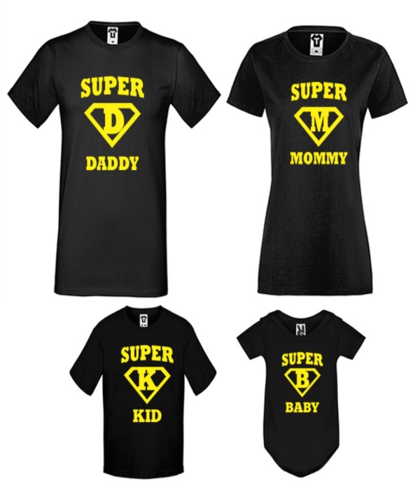 Set-uri de familie pe alb sau pe negru Super Daddy, Mommy, Kid and Baby
