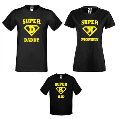 Set-uri de tricouri pentru familie pe alb sau pe negru Super Daddy, Mommy and Kid