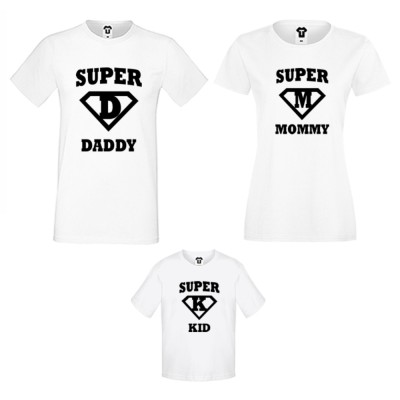 Set-uri de tricouri pentru familie pe alb sau pe negru Super Daddy, Mommy and Kid
