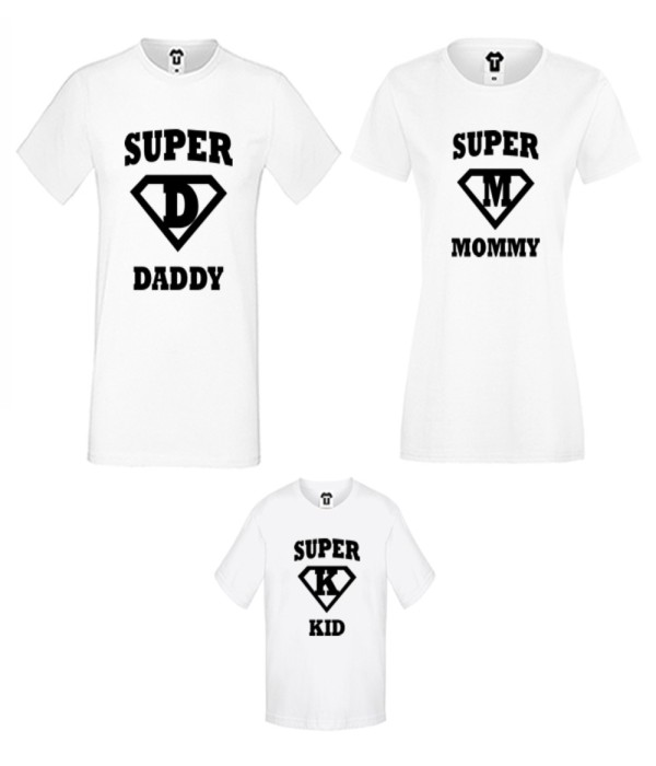 Set-uri de tricouri pentru familie pe alb sau pe negru Super Daddy, Mommy and Kid