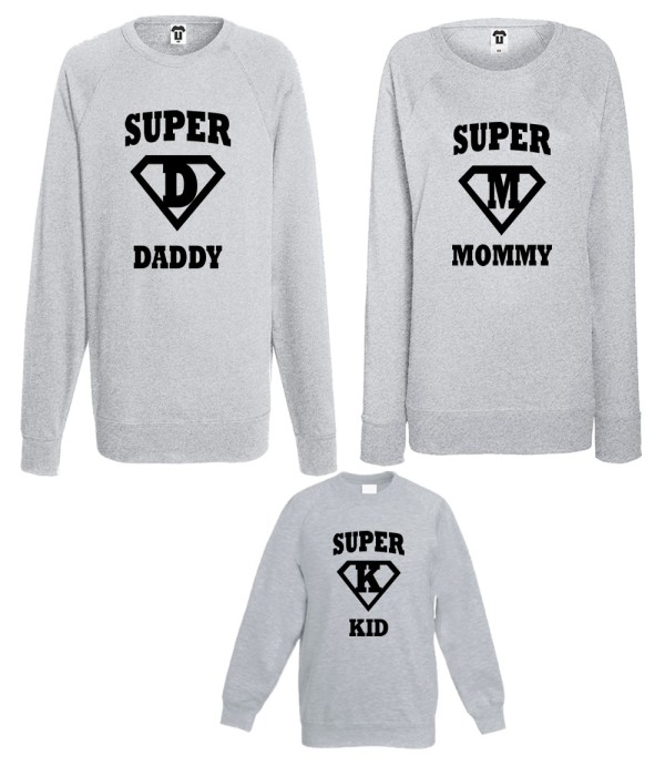 Set bluze pentru amma, tata si copil gri Super Daddy, Mommy and Kid Set bluze pentru amma, tata si copil gri Super Daddy, Mommy and Kid