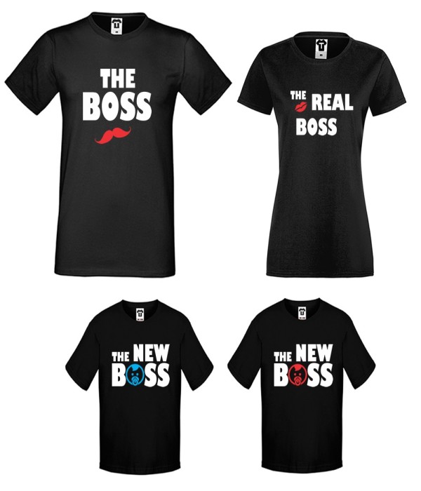 Set-uri de tricouri pentru familie pe alb sau pe negru The Boss, The Real Boss and The New Bosses