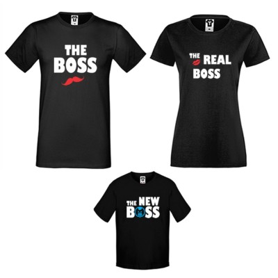Set-uri de tricouri pentru familie pe alb sau pe negru The Boss, The Real Boss and The New Boss Boy Set-uri de tricouri pentru familie pe alb sau pe negru The Boss, The Real Boss and The New Boss Boy