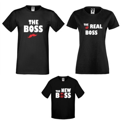 Set-uri de tricouri pentru familie pe alb sau pe negru The Boss, The Real Boss and The New Boss Girl