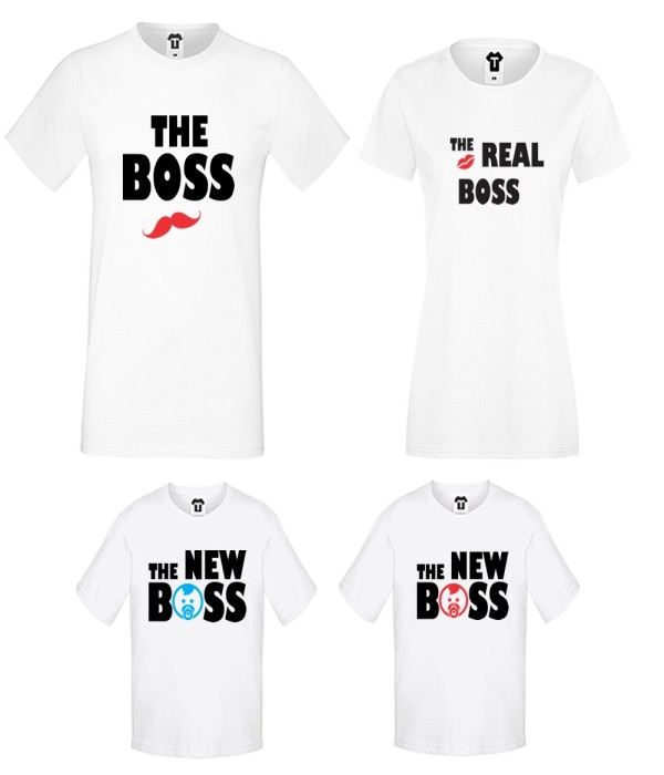 Set-uri de tricouri pentru familie pe alb sau pe negru The Boss, The Real Boss and The New Bosses