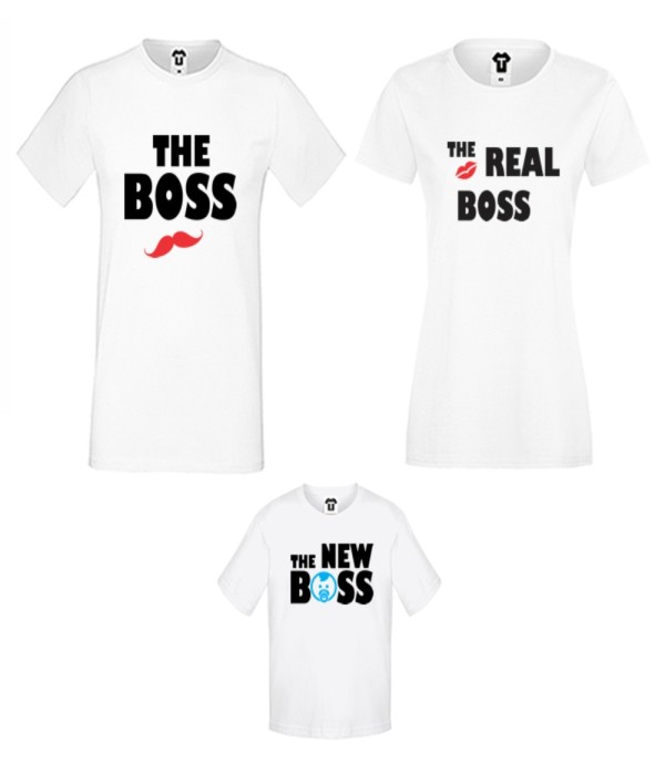 Set-uri de tricouri pentru familie pe alb sau pe negru The Boss, The Real Boss and The New Boss Boy Set-uri de tricouri pentru familie pe alb sau pe negru The Boss, The Real Boss and The New Boss Boy