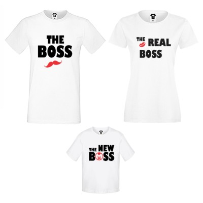 Set-uri de tricouri pentru familie pe alb sau pe negru The Boss, The Real Boss and The New Boss Girl