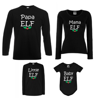 Set tricouri de familie cu maneca lunga si body pe alb sau negru Papa, Mama, Little and Baby Elf