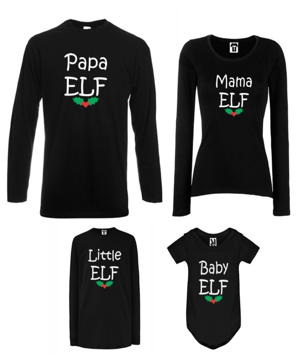 Set tricouri de familie cu maneca lunga si body pe alb sau negru Papa, Mama, Little and Baby Elf