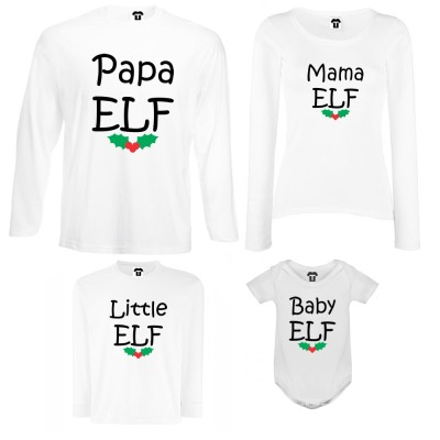 Set tricouri de familie cu maneca lunga si body pe alb sau negru Papa, Mama, Little and Baby Elf